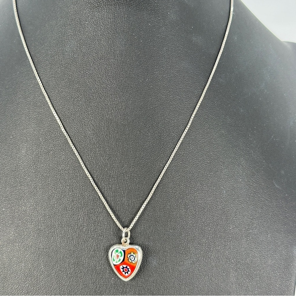 Vintage Millefiori Heart Necklace Italian 925 Sterling Silver Box Chain Red Blue